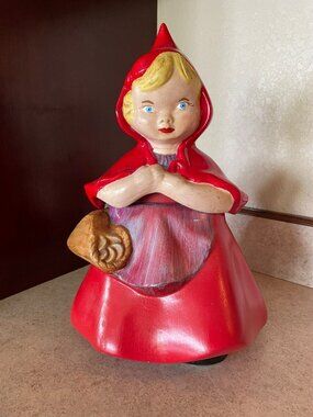 Vintage Little Red Riding Hood Cookie Jar Ceramic Fairy Tale Red Hood Girl 12” 1